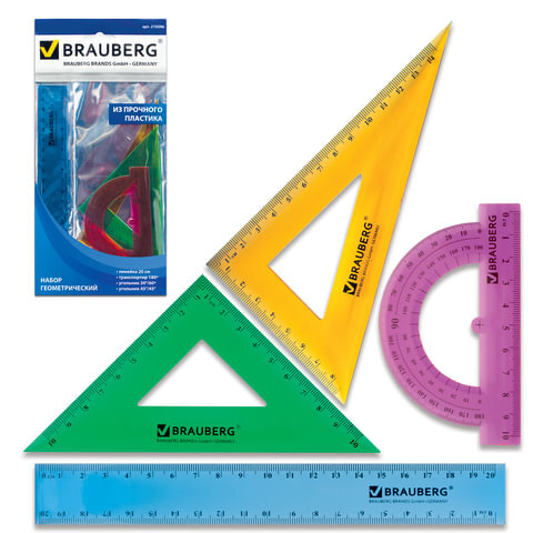 Набор чертежный средний Brauberg Crystal (линейка 20см, 2 треугольника, транспортир) цветной (210296)