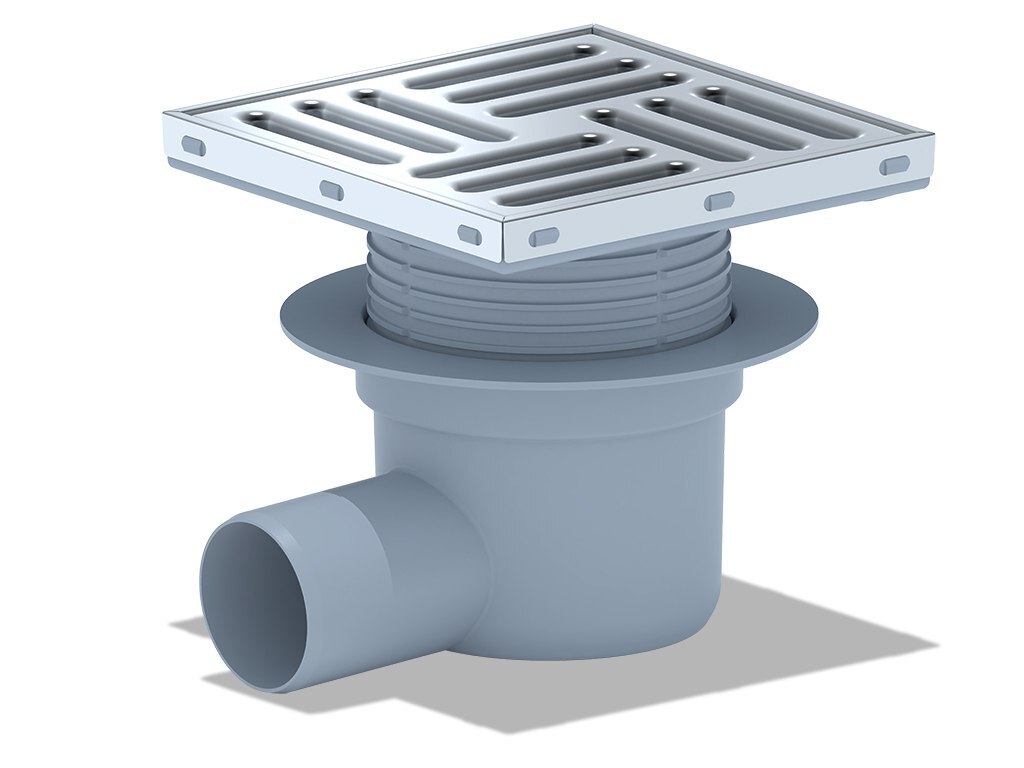 Трап для душа сливной горизонтальный АНИ пласт TA5612, с гидрозатвором, с нержавеющей решеткой 150*150 мм, регулируемый