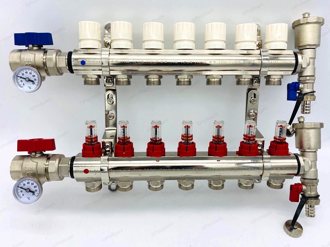 Коллектор для теплого пола с расходомерами, никелированная латунь, 1