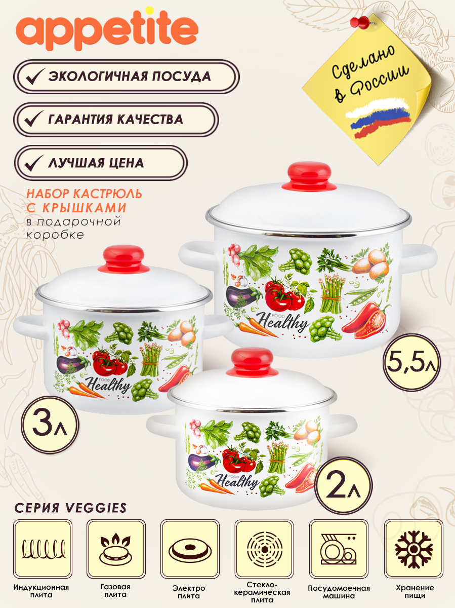 Набор эмалированных кастрюль Veggies (2л,3л,5.5л) ТМ Appetite