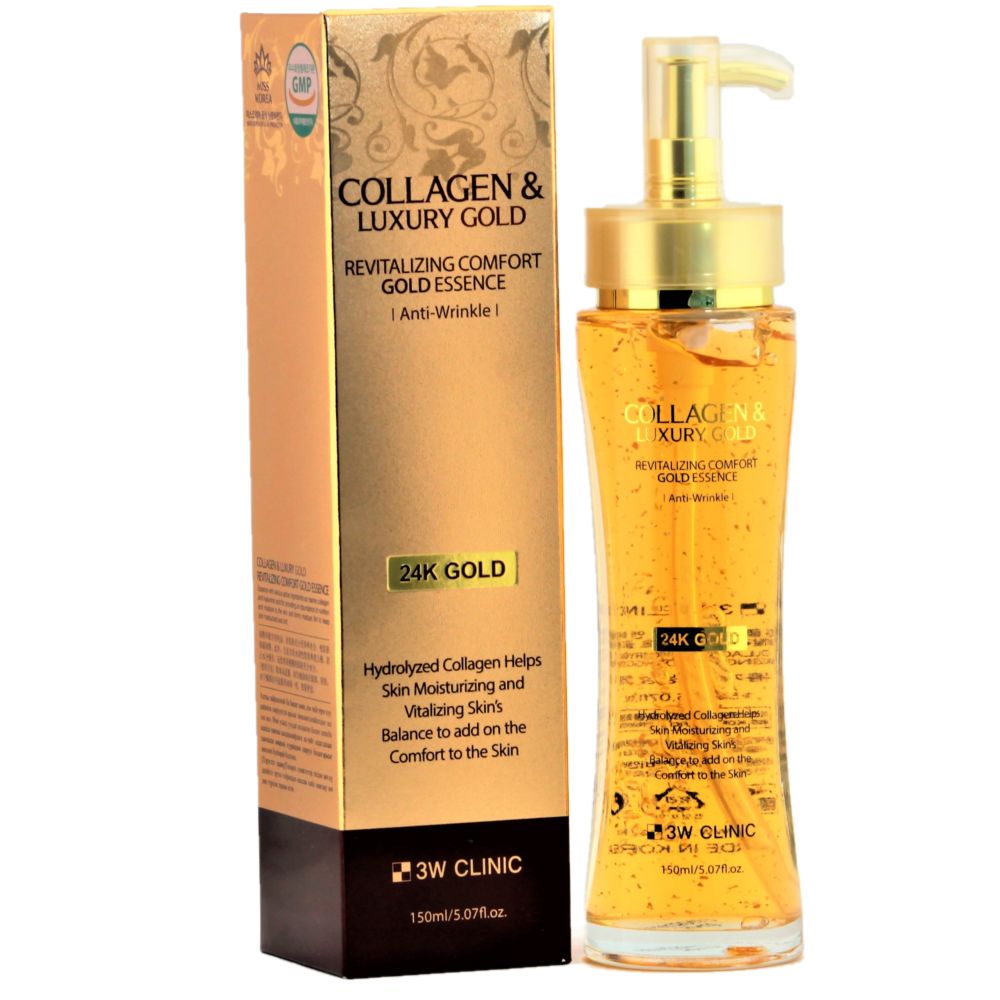 Gold essence. 3w Clinic Collagen & Luxury Gold Revitalizing Comfort Gold Essence 150 мл.. 3w Clinic Collagen & Luxury Gold Revitalizing Comfort Gold Essence эссенция для лица.