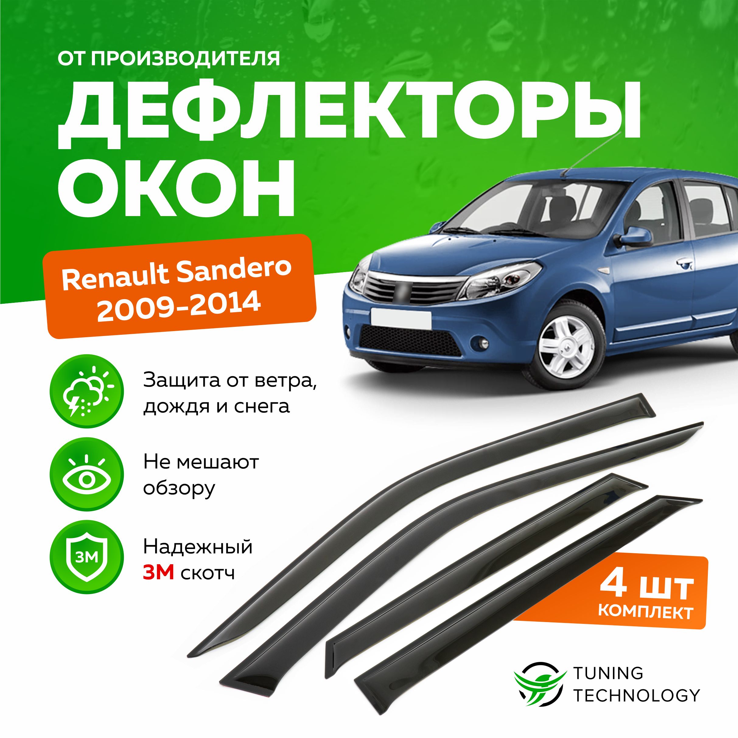 ДефлекторыбоковыхоконRenaultSandero1,Stepway(РеноСандеро,Степвей)2009-2014,ветровикинадвериавтомобиля,ТТ