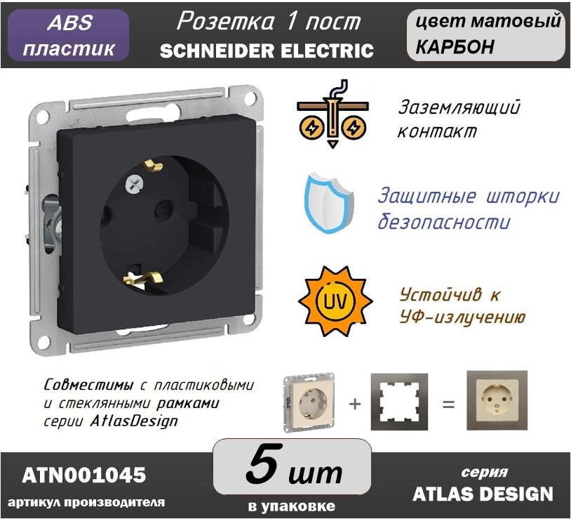 Розетки schneider карбон. Розетка ATLASDESIGN С заземлением со шторками 16а механизм карбон (atn001045).