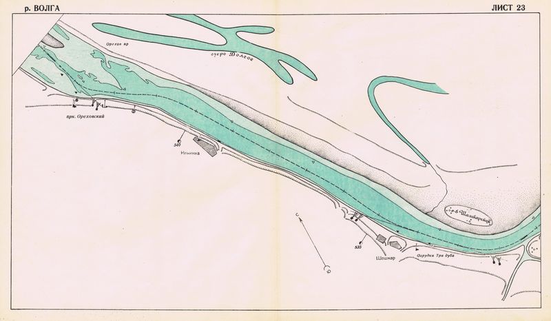 Антикварная лоцманская карта. Волга в районе села Ильинка Чувашской АССР. Смешанная техника. СССР, 1956 год