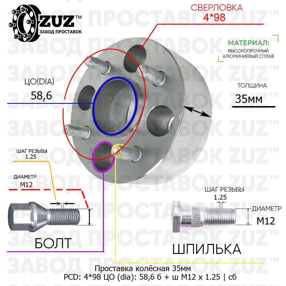 Проставка колёсная 35мм 4*98 ЦО 58,6 Крепёж в комплекте Болт + Шпилька М12*1,25 ступичная с бортиком для дисков на ступицу 4x98 4х98