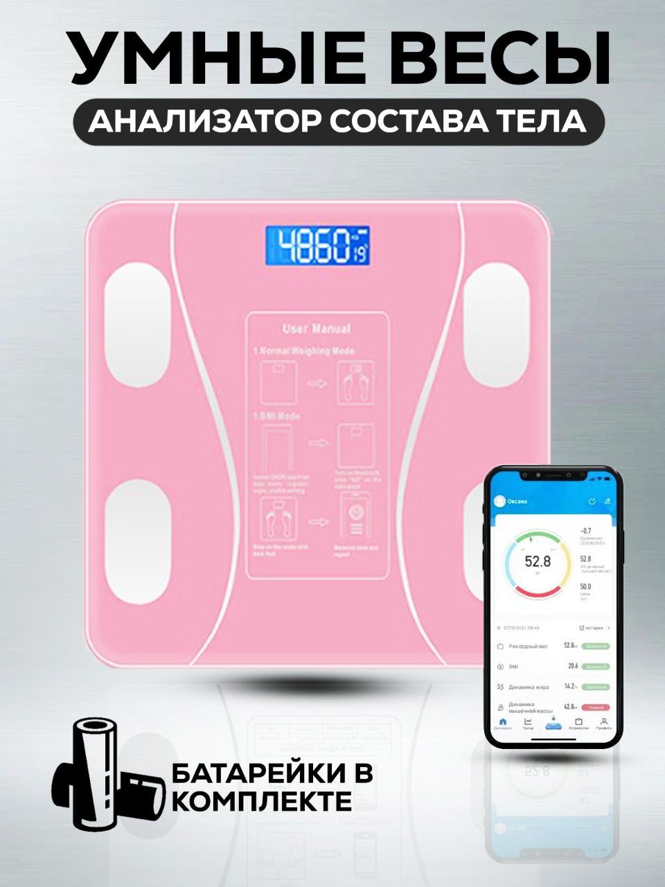 Умные весы c bmi / электронные напольные весы, розовый