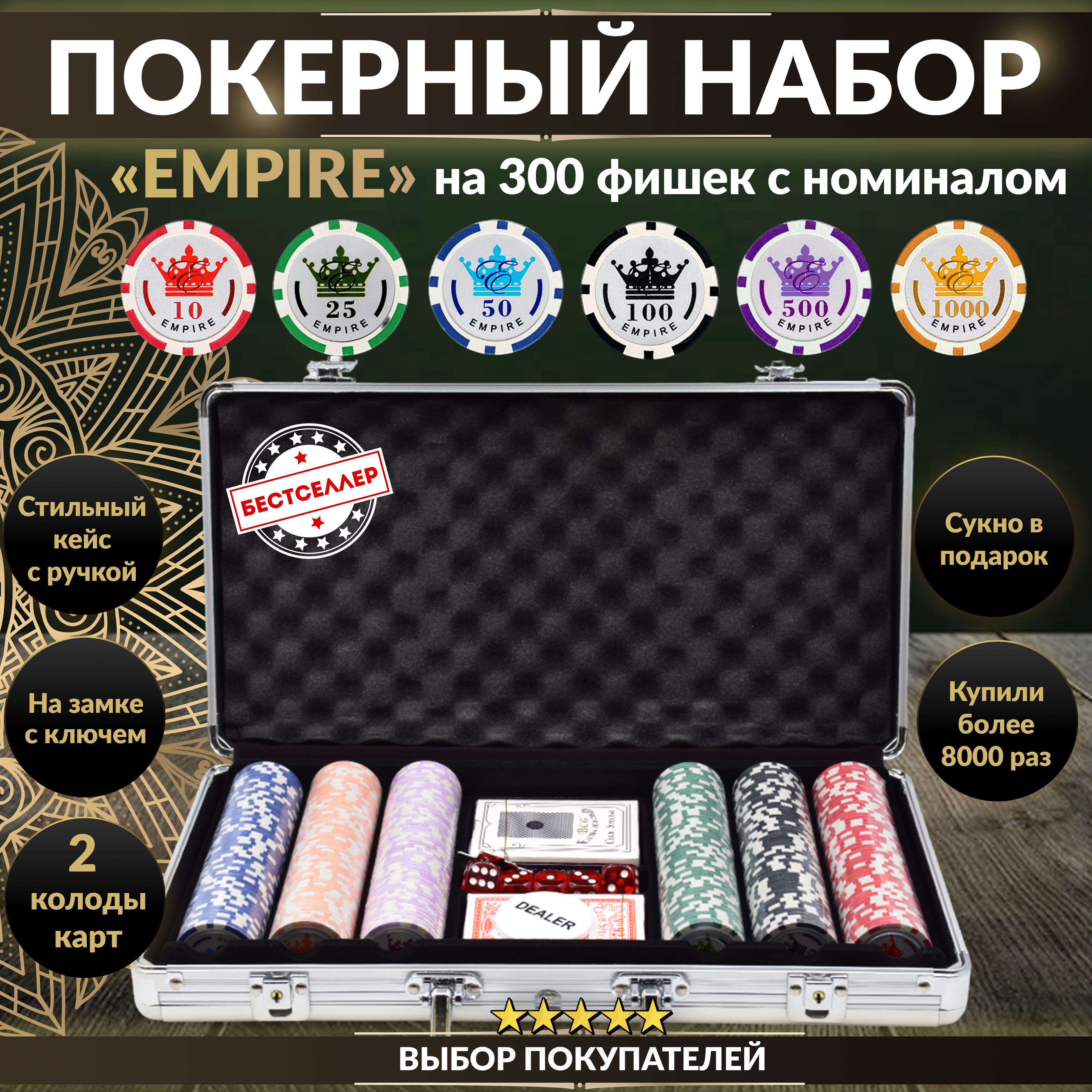 Покерный набор Empire, 300 фишек 11.5г, с номиналом, в алюминиевом кейсе,  Сукно в подарок , Премиум набор для покера , Настольные игры для взрослых -  купить с доставкой по выгодным ценам в интернет-магазине OZON (230974283)