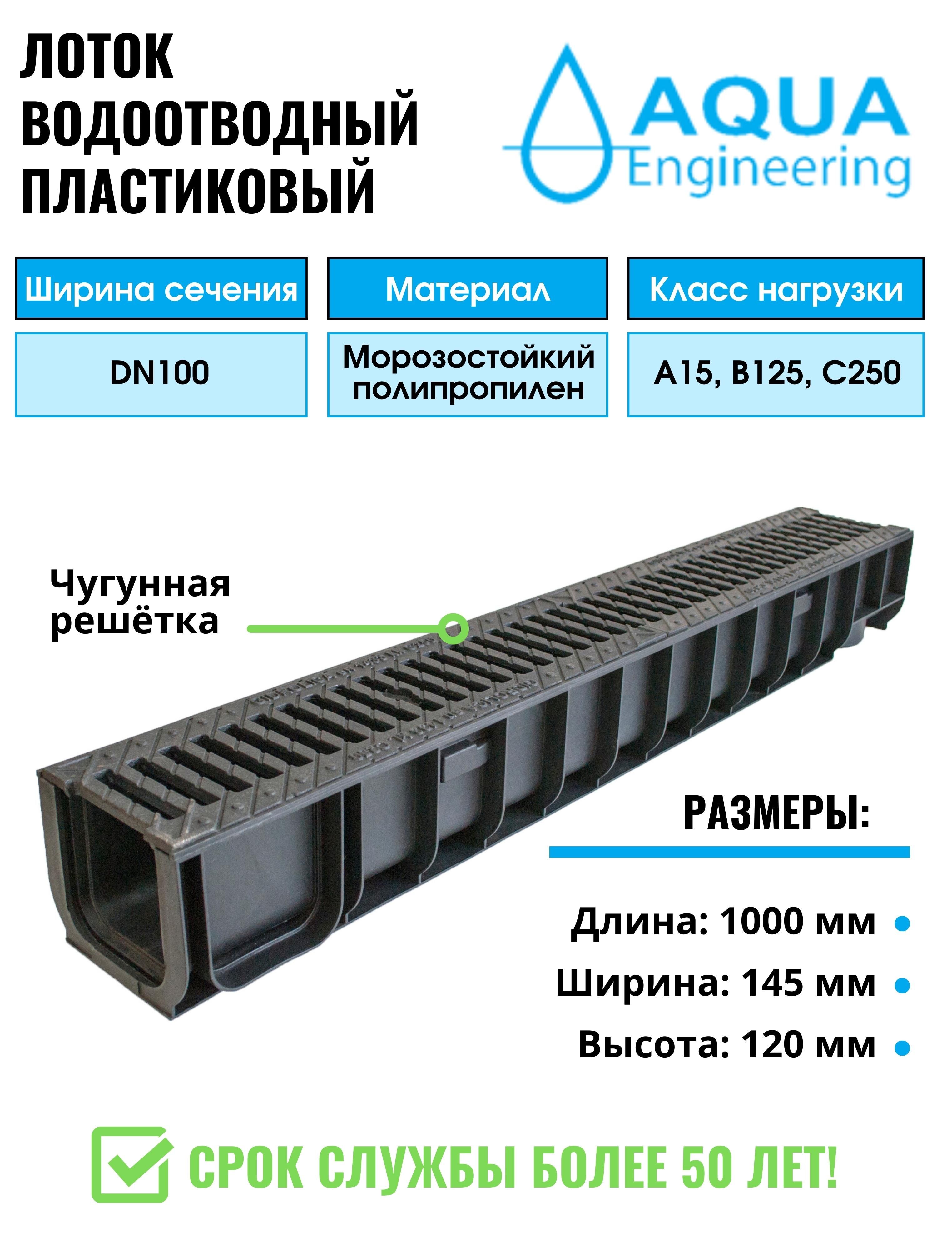 Лоток водоотводный пластиковый, дренажный, с чугунной решёткой, 1000x145x120 мм.