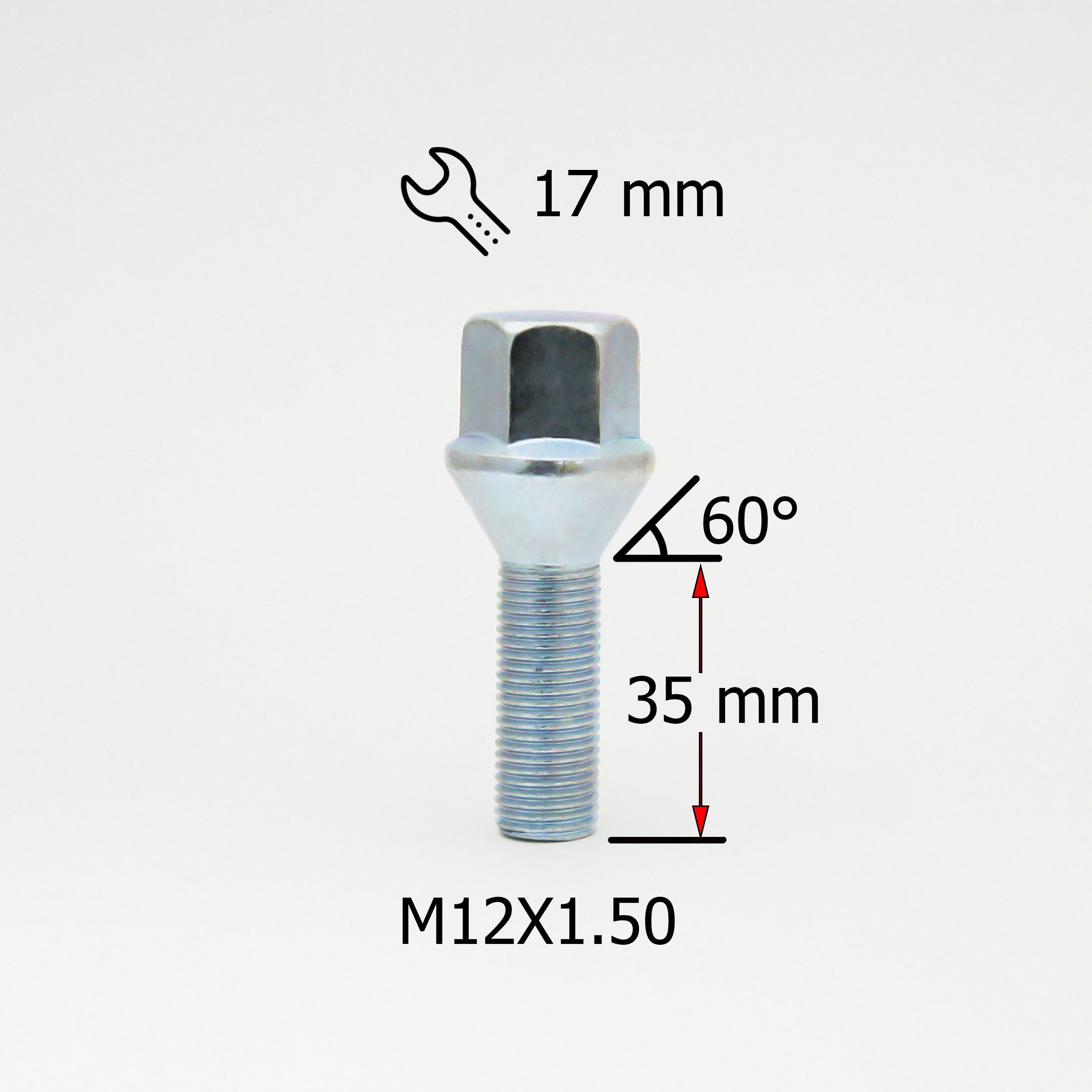 Болт колесный M12x1,5 длина резьбовой части 35мм, Конус - 20 штук, ключ 17мм, цинк