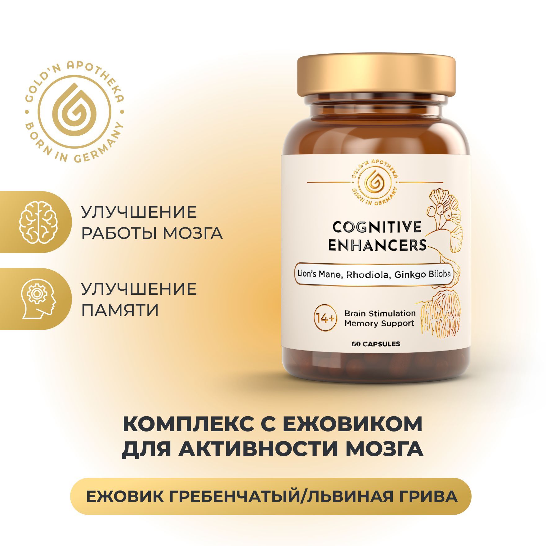 Cognitive Enhancers GOLDN APOTHEKA, БАД для улучшения работы мозга и памяти,  ежовик гребенчатый, гинко билоба, бакопа монье, капсулы 60 шт. - купить с  доставкой по выгодным ценам в интернет-магазине OZON (879084333)