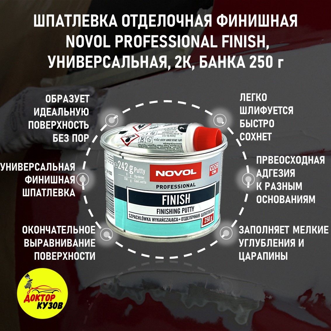 Шпатлевка автомобильная / Шпатлевка финишная 250 г Novol FINISH  Professional Finishing Putty белая + отвердитель, 1120 / Автошпатлевка  финишная