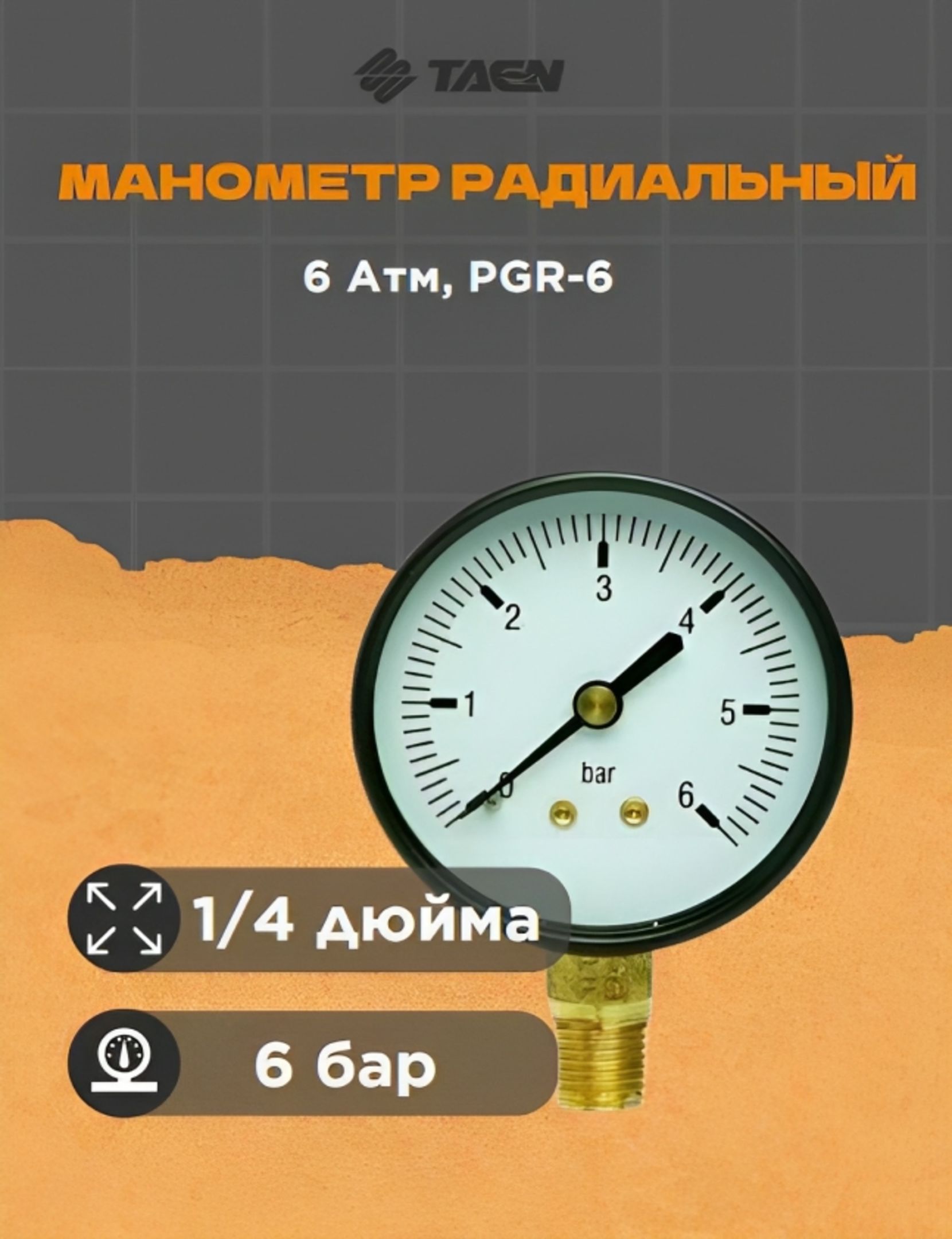 TAEN Манометр радиальный 6 Атм, PGR-6