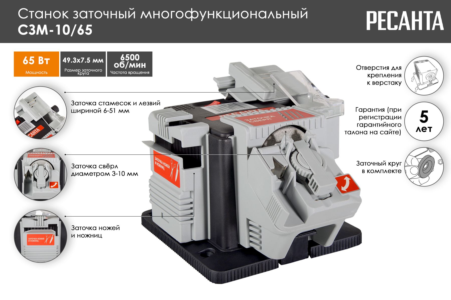 Станок заточный многофункциональный СЗМ-10/65 Ресанта