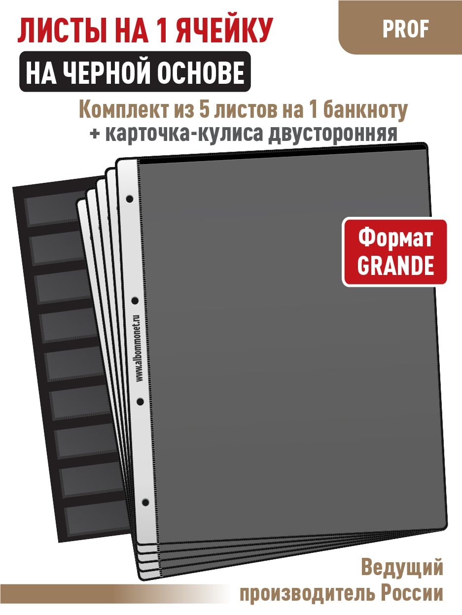 Набор. Комплект из 5 односторонних черных листов "ПРОФ" для хранения бон (банкнот) на 1 ячейку Формат GRAND + Карточка-кулиса