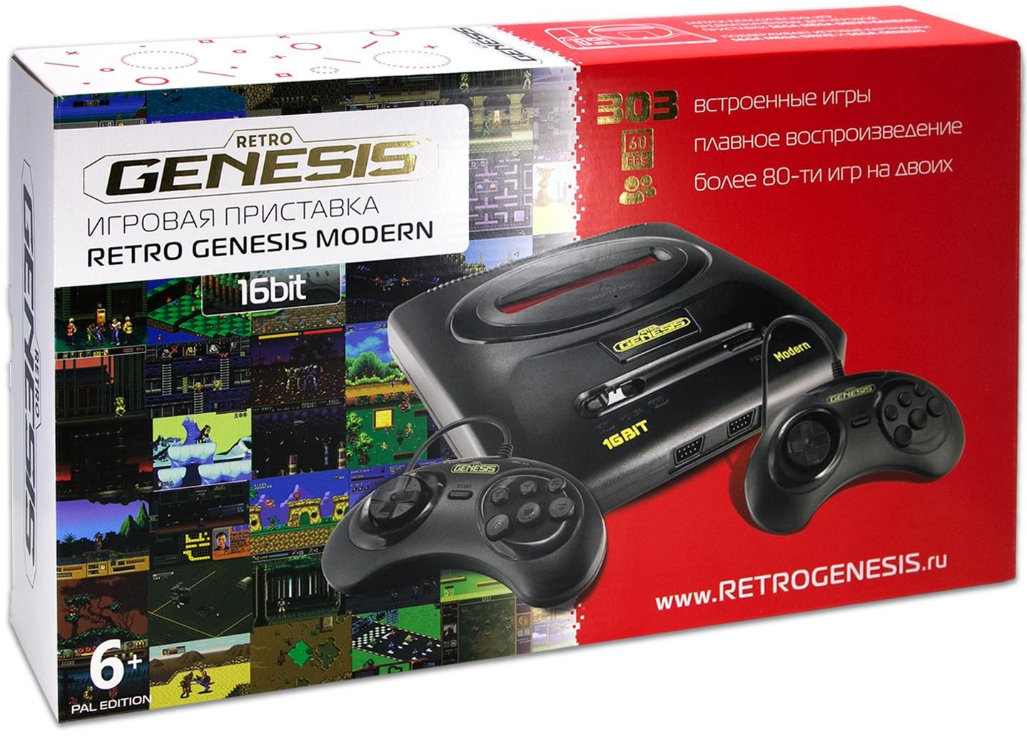 Игровая приставка 16 bit Sega Retro Genesis Modern DN-05b 303 в 1 + 303  встроенных игр + 2 геймпада Черная