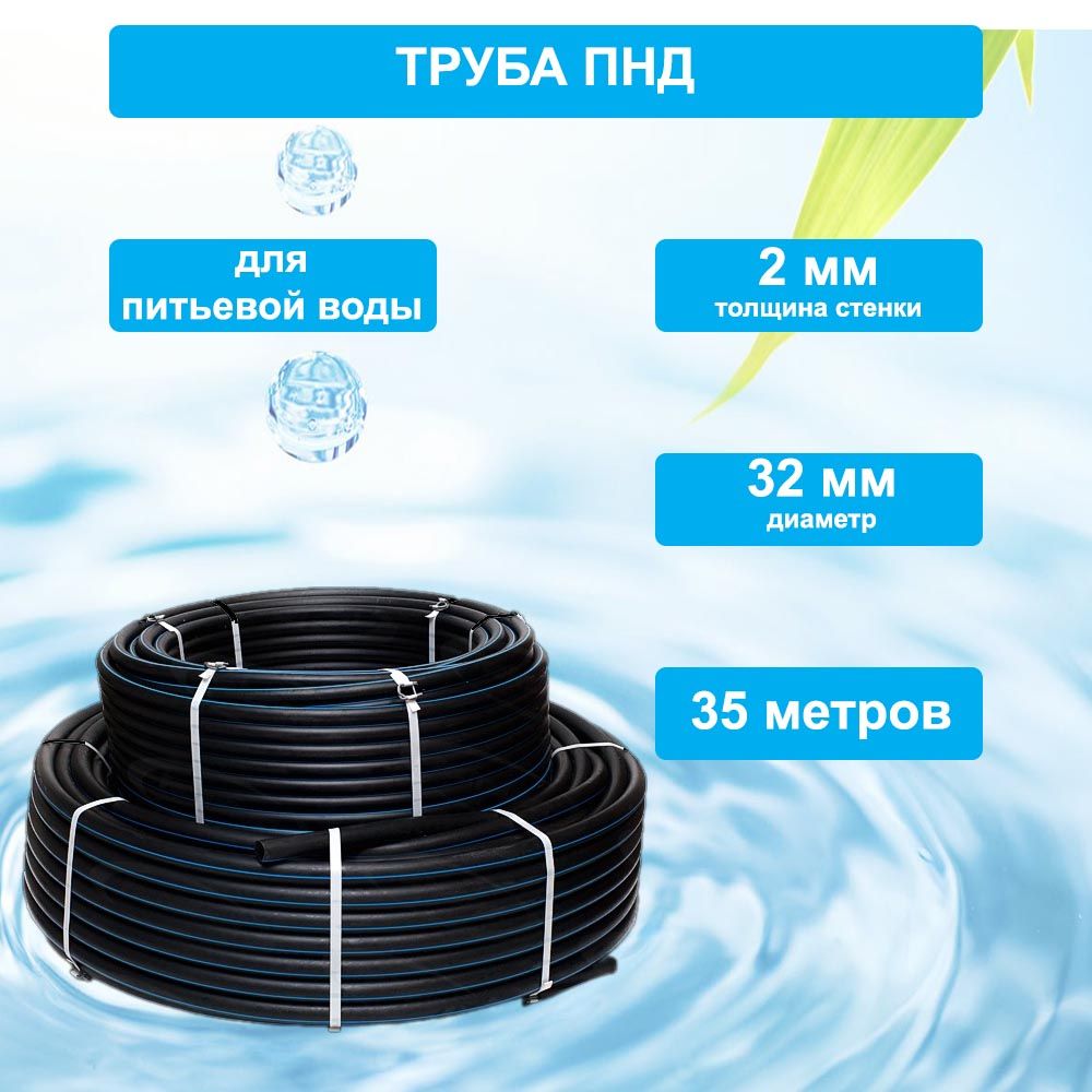 ТрубаПНД32ммх35мх2ммводопроводнаяпитьевая,дляскважиныПЭ100,SDR17,PN10,2мм