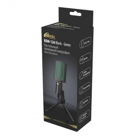 Микрофон проводной Ritmix RDM-126 Black-Green конденсаторный, всенаправленный, пластик, тканевая вставка, #1
