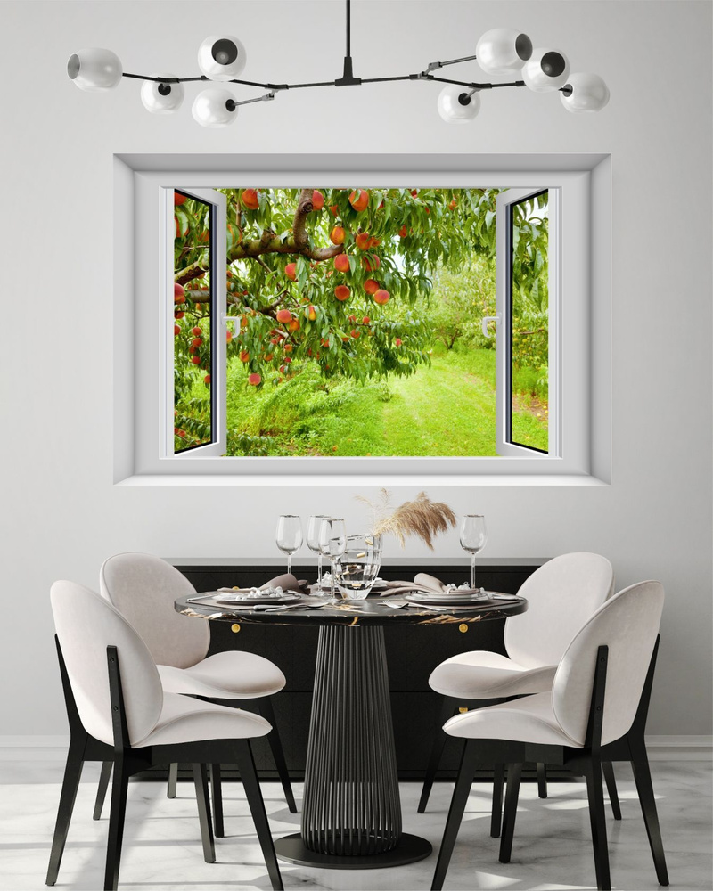 Бесшовные фотообои "Вид из окна "Фруктовый сад" для кухни, гостиной 100х150 см.  #1