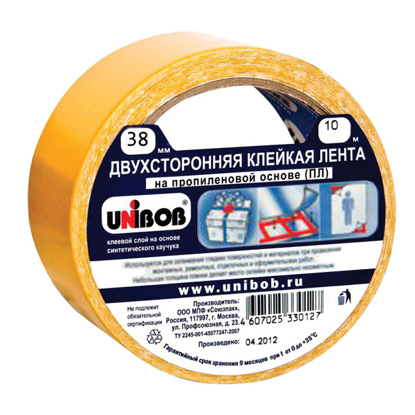 Клейкая лента UNIBOB двухсторонняя 38 мм х 10 м, тонкая основа ...
