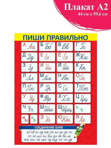 Плакат на стену "Пиши правильно" по русскому языку, постер обучающий ...
