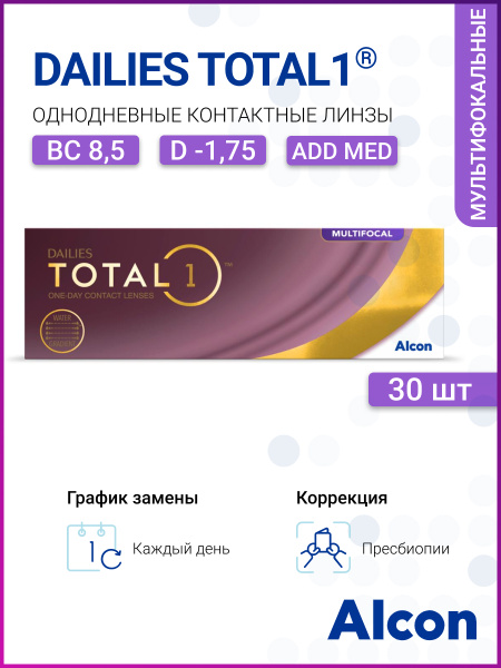 Мультифокальные линзы Alcon Dailies Total 1 Multifocal (30 линз) MED -1 ...