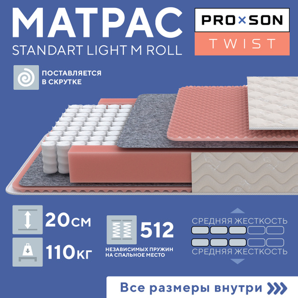 Матрас PRO x SON Standart Light M Roll серия Twist, Независимые пружины ...