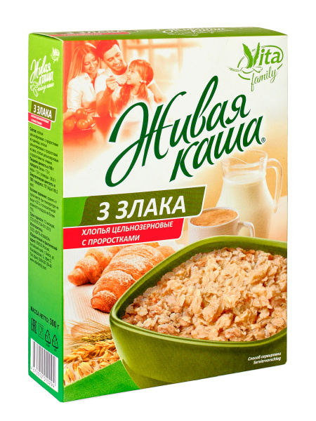 Живая каша. 3 ЗЛАКА. Хлопья цельнозерновые с проростками, 300 грамм ...