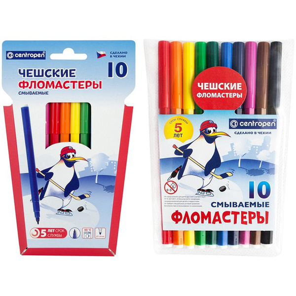 Фломастеры Centropen "Пингвины", 10цв., смываемые, картон. упак. с ...