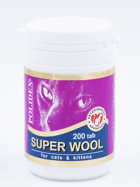 Витамины для кошек Polidex Super Wool, 200 таблеток, для шерсти и кожи ...