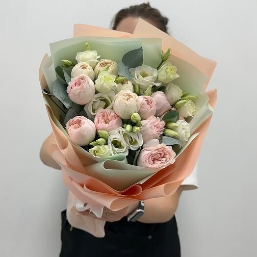 Эвкалипт, Кустовая роза, Эустома Boom Bouquet, цвет белый, розовый, 5 ...