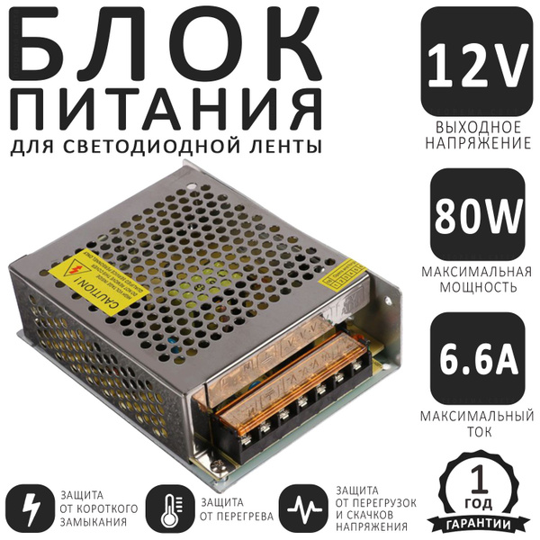 Блок питания для светодиодной ленты Ecola, 12В, 80 Вт, IP20 - купить по ...