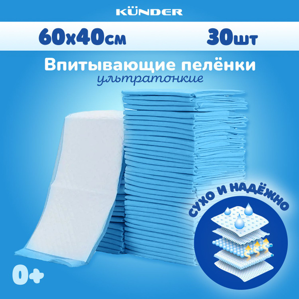 Пеленки одноразовые KUNDER для новорожденных гелевые детские 60 х 40 30 ...