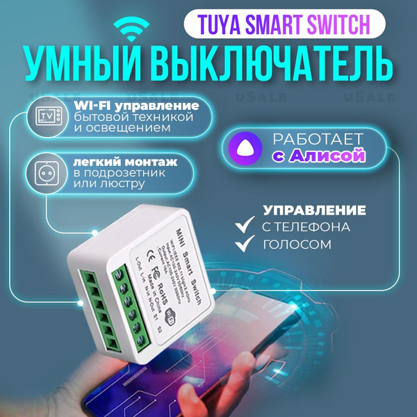 Мини переключатель WiFi реле mini Smart Switch WI-Fi 16A. Алиса, Alexa ...