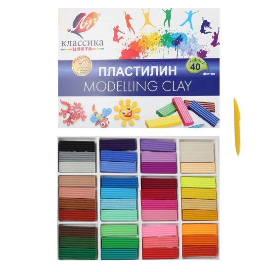 Пластилин 40 цветов, 800 гр, стек, картонная коробка Классика, 1 шт. в ...