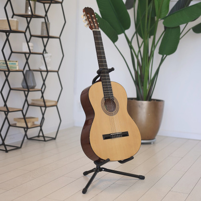 акустическая гитара стоит на напольной подставке в комнате