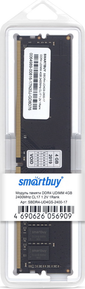 фото Оперативная память 4GB Smart Buy, DDR4, U-DIMM, 2400 MHz, 19200 MB/s, CL17, 1.2 В