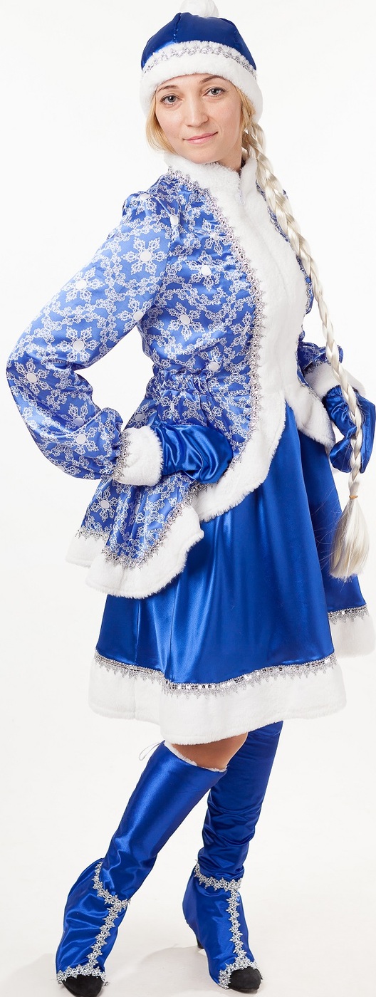 фото Карнавальный костюм Снегурочка Сказочная кафтан, юбка, шапка, варежки, коса, имитация сапог размер 164-50 Пуговка