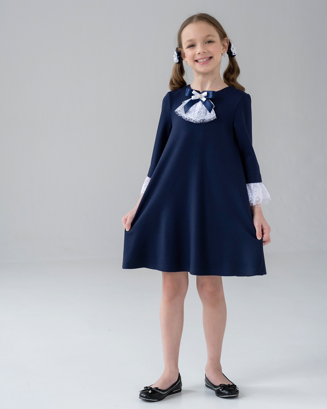 Школьное платье для девочки синее нарядное