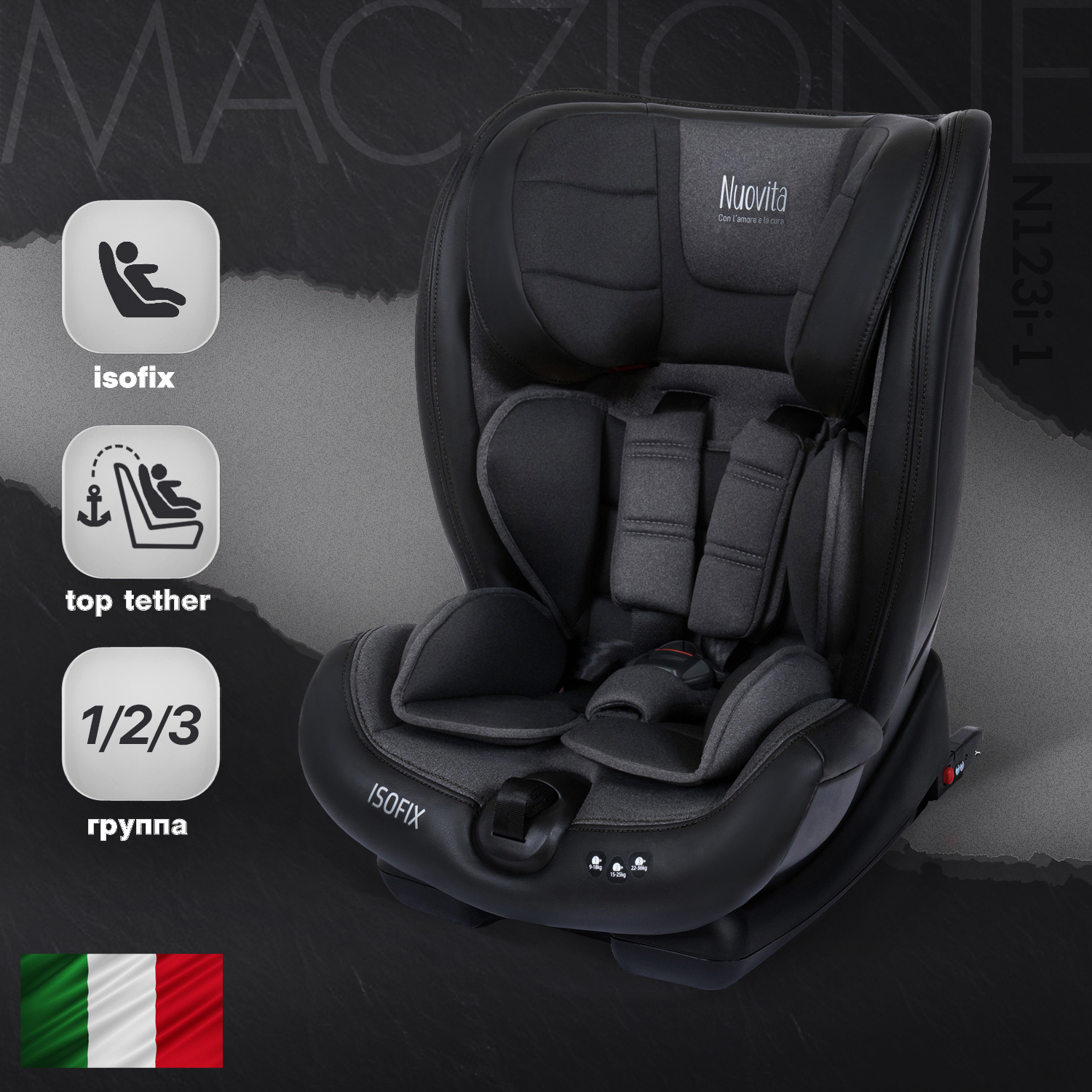 Автокресло Nuovita Maczione N123i-1 детское, растущее, в машину на заднее  сиденье, якорный ремень Top Tether, крепление Isofix, для безопасности  ребенка от 9 месяцев до 12 лет, от 9 до 36 кг -