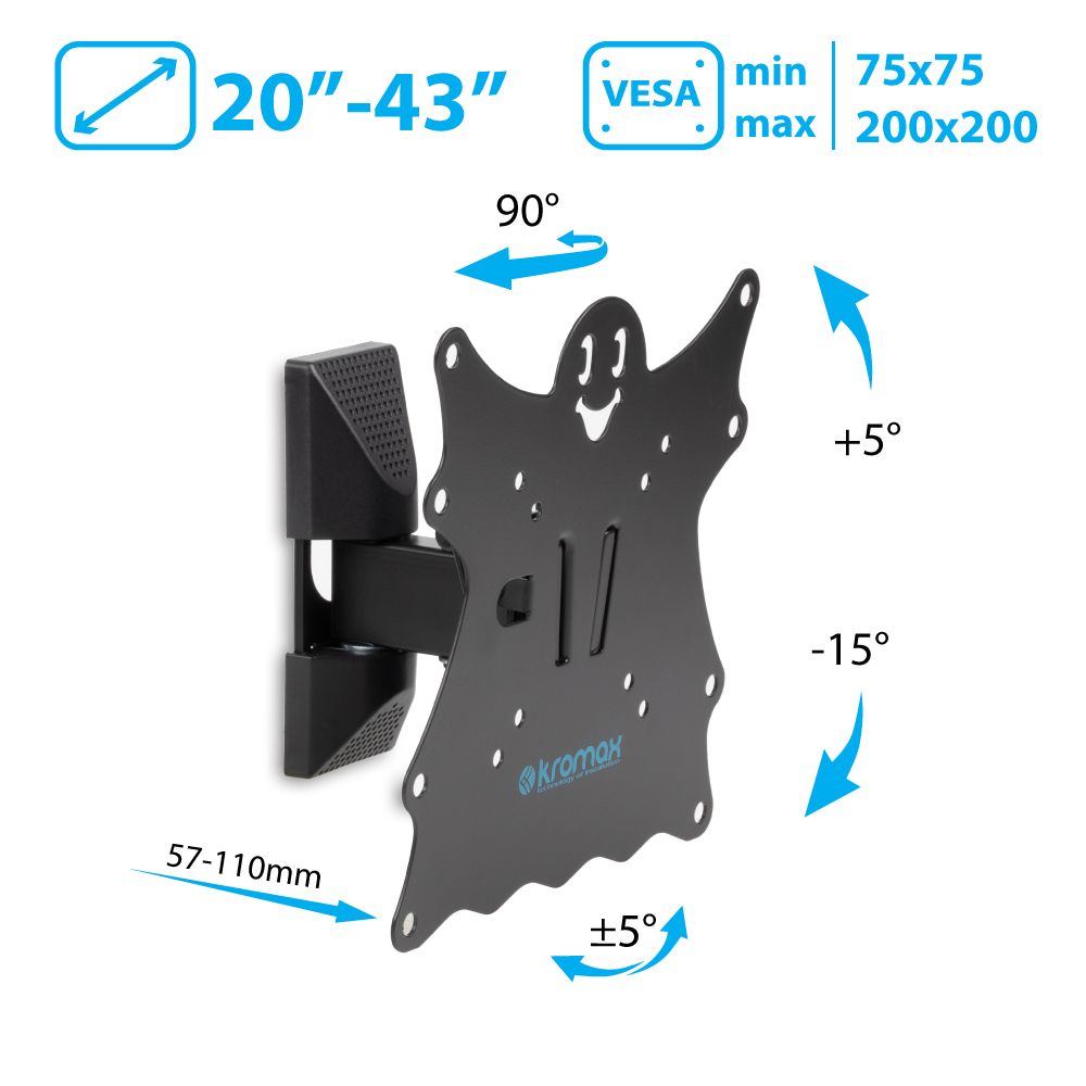 Кронштейн для телевизора настенный Kromax CASPER-202 / до 43 дюймов / наклонно-поворотное крепление для тв