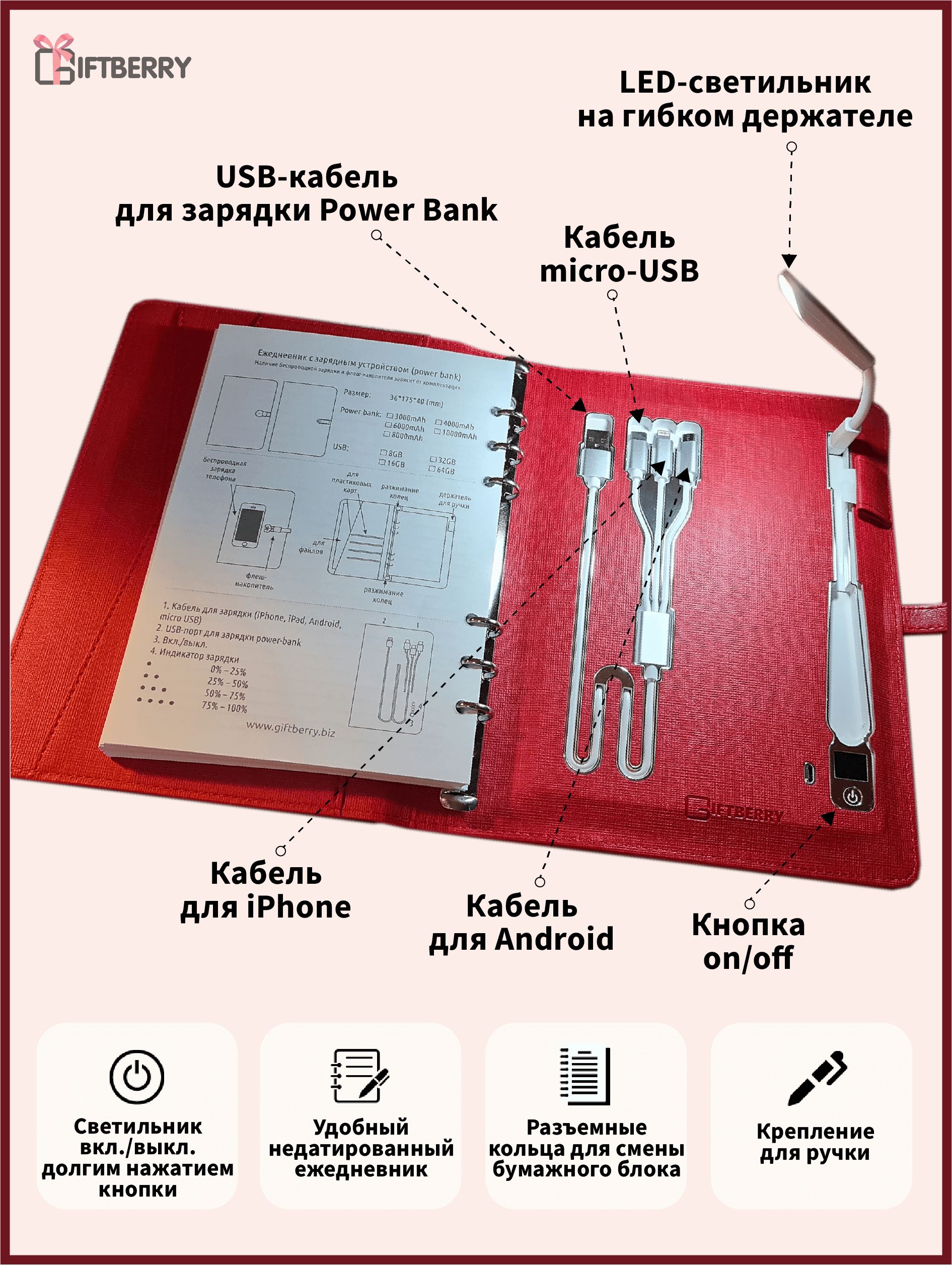 Ежедневник со встроенной беспроводной зарядкой 10000 mAh, СВЕТИЛЬНИКОМ и  флэшкой 32 Gb, красный - купить с доставкой по выгодным ценам в  интернет-магазине OZON (809785903)