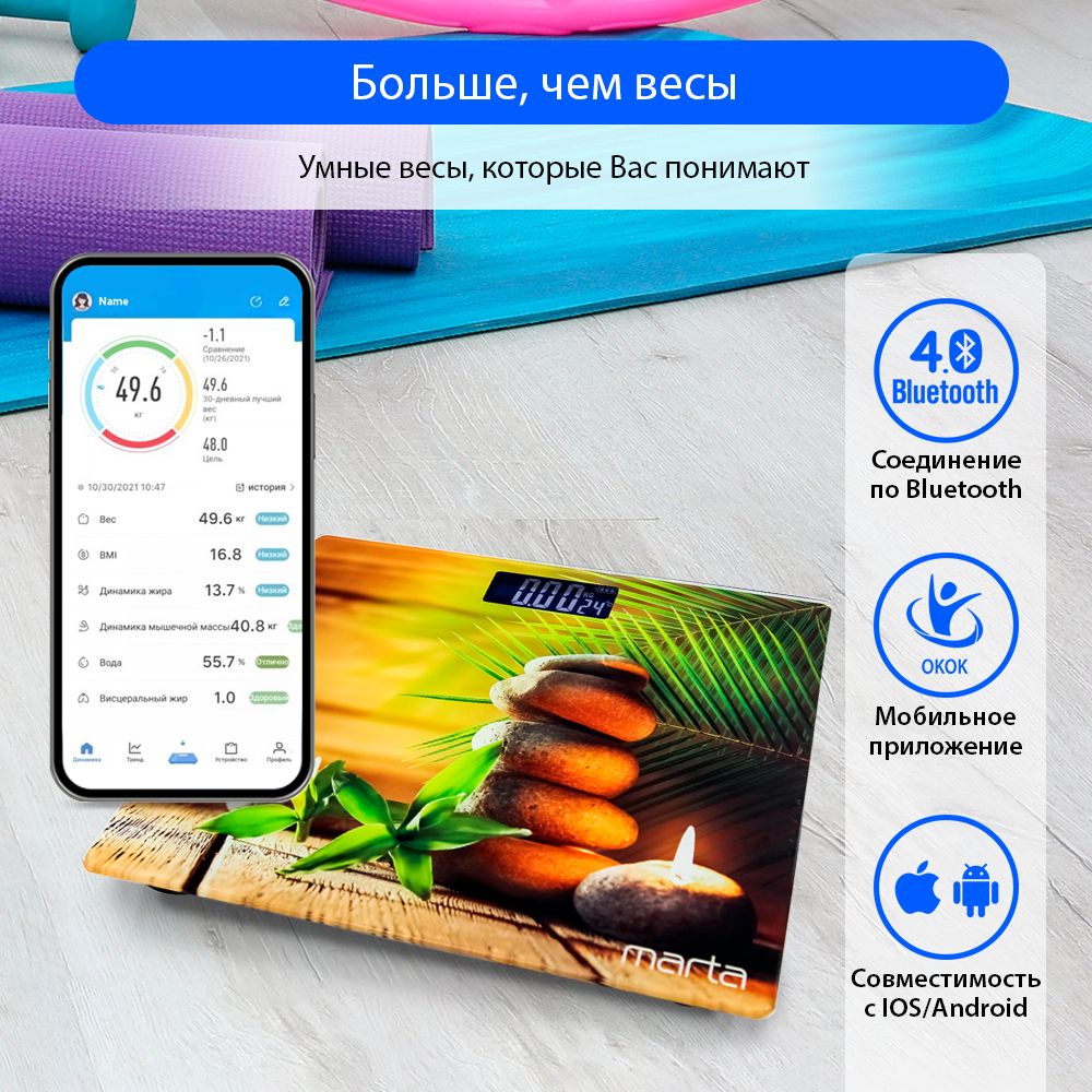 УмныевесыMARTAMT-SC1696диагностическиесBluetooth,25х21см,камни