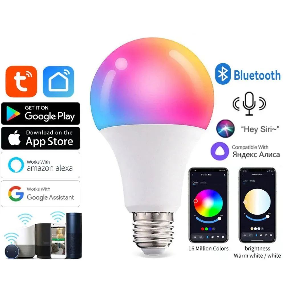 УмнаясветодиоднаялампочкаE27RGB+CCTBluetoothSmartLedBulb10WTuya/ЛедмногоцветнаяЕ27,теплая,холоднаялампасАлисой,Siri,Alexa,Google