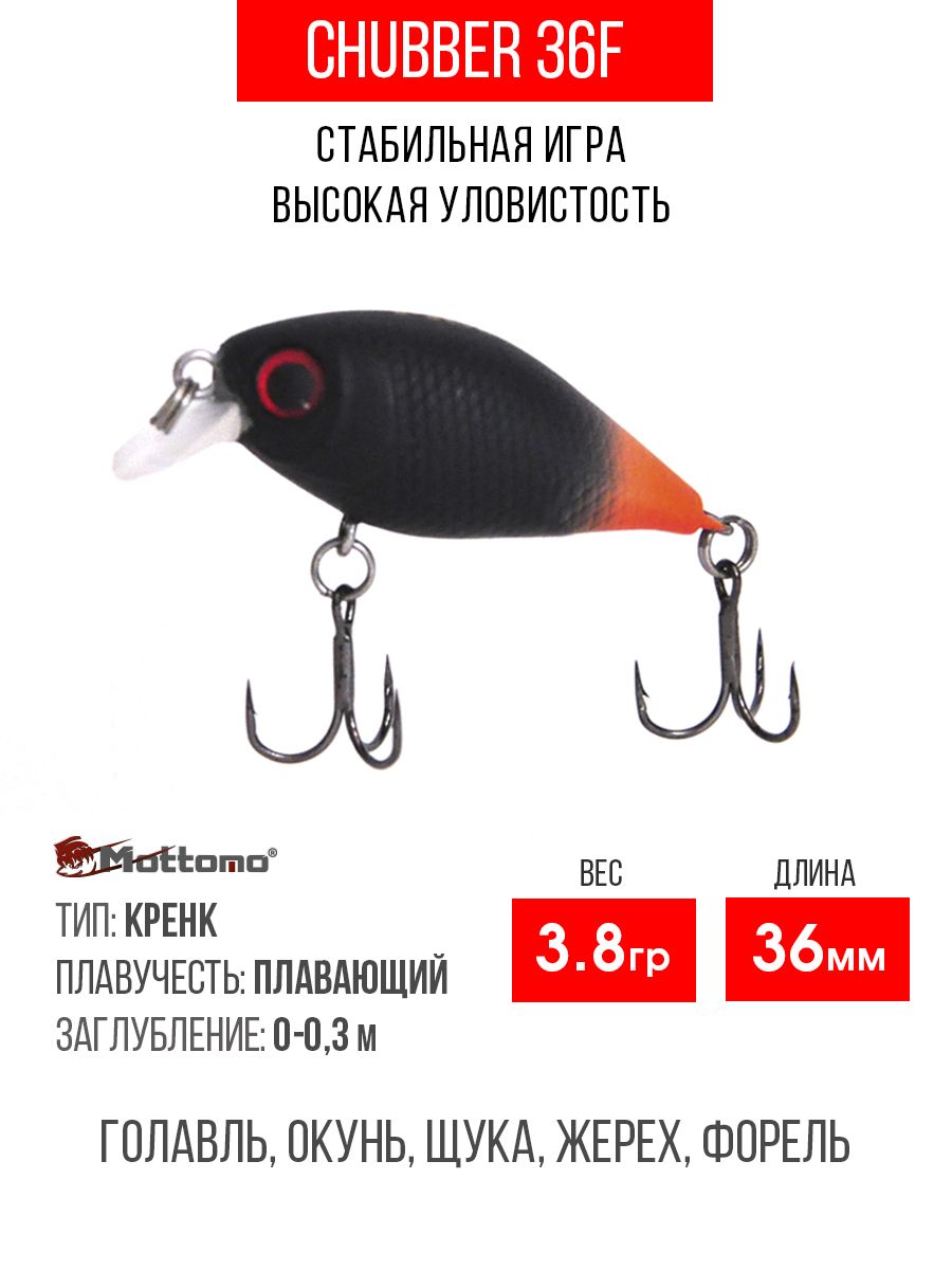 ВоблердлярыбалкиMottomoChubber36F3,8gBlackOrange,крэнкплавающийдляспиннинга.Приманканаголавля,форель,окуня,жереха