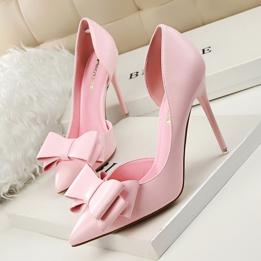 light pink high heels with bow