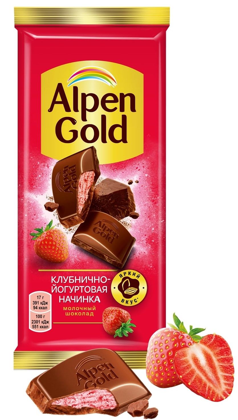 Шоколад Alpen Gold молочный с клубнично-йогуртовой начинкой, 80 г