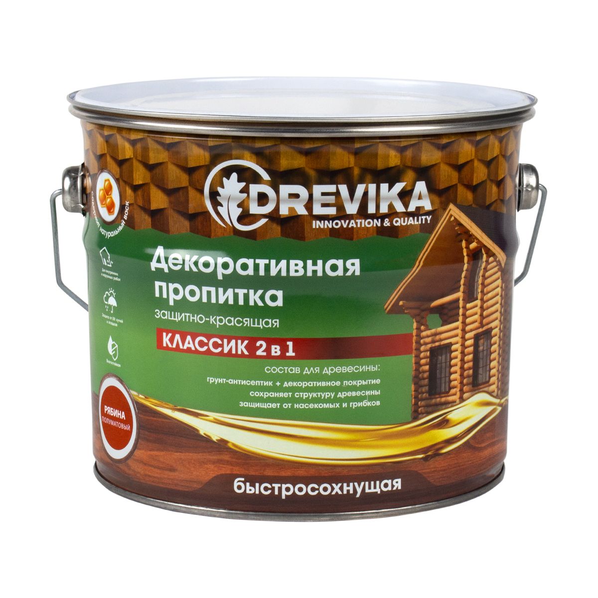 Декоративная пропитка для дерева Drevika Классик 2 в 1, полуматовая, 2,7 л, рябина