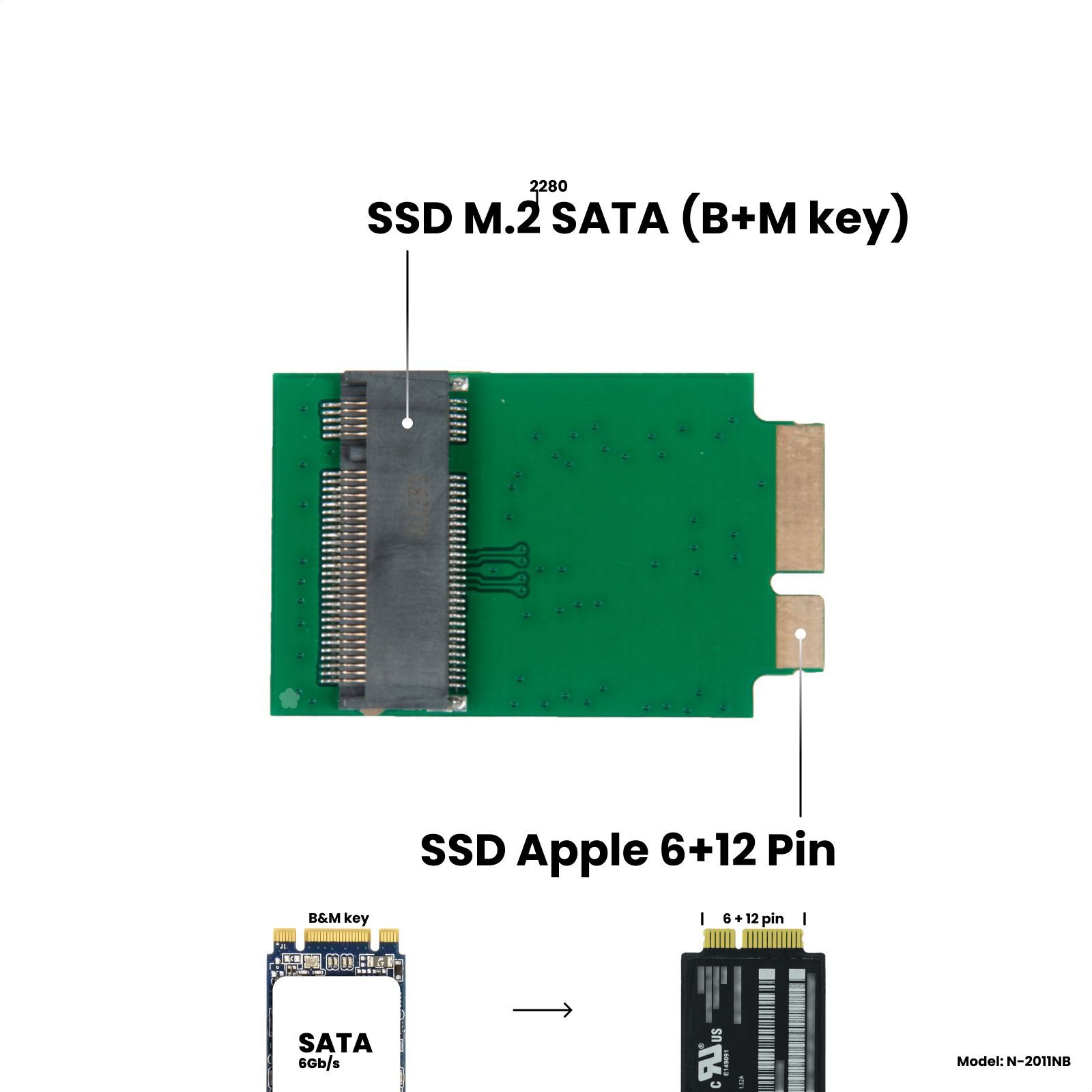 Адаптер-переходник для установки SSD M.2 2280 SATA (B+M key) в разъем SSD 6+12 Pin на MacBook Air 11" A1370 / 13" A1369, Late 2010 - Mid 2011, зеленый, NFHK N-2011NB