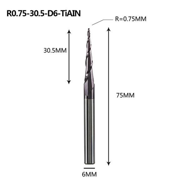 R0.75-30.5-D6-TiAlNТвердосплавнаяфрезаконуснаядвухзаходнаясферическаядлячпуфрезерногостанка