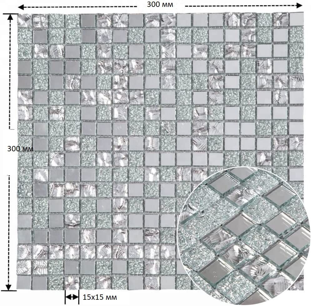 ЗеркальнаяплиткамозаикаSurface300х300мм(уп.10шт)/насетке/сэлементом15х15ммСеребро+/толщина4мм